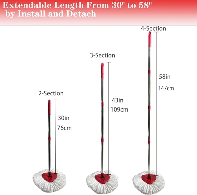 Spin Mop Replacement Handle, 4-Section 30-to-58 inch Mop Replacement Stick Compatible with Ocedar Mop Handle for Easy Wring Mop Refills, Germany Screw Joint (Red 2 Pack)