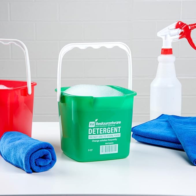 Restaurantware RW Clean 3 Quart Cleaning Buckets 10 Detergent Square Buckets - With Measurements Built-In Spout And Handle Green Plastic Utility Buckets For Home Or Commercial Use