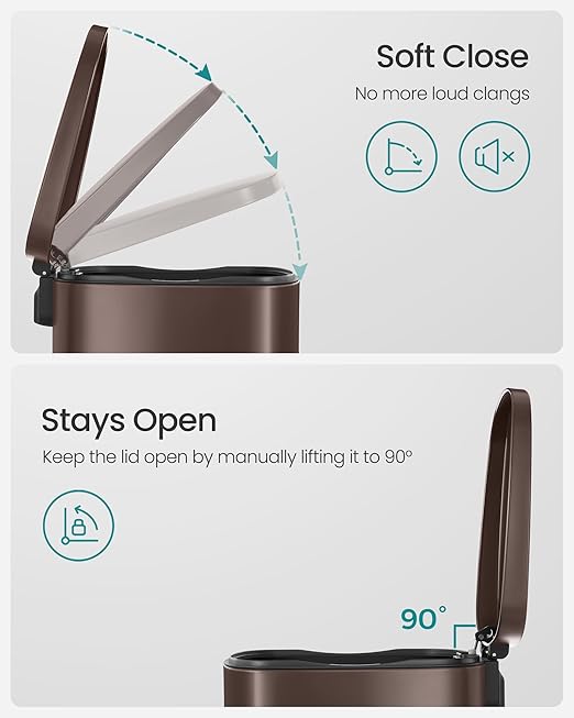 SONGMICS 13 Gallon (50 L) Trash Can, Stainless Steel Kitchen Garbage Can, Recycling or Waste Bin, Soft Close, Step-On Pedal, Removable Inner Bucket, Brown ULTB50BR