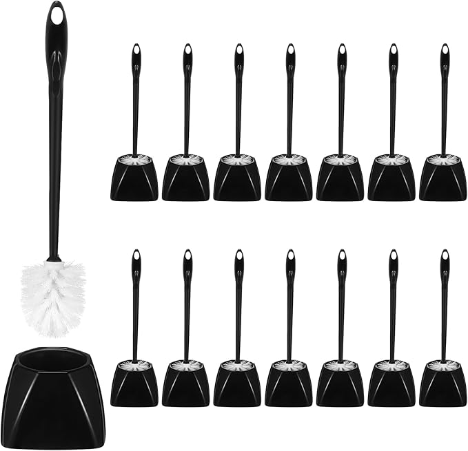 15 Sets Toilet Holder and Brush Set 16.14 Inch Toilet Bowl Cleaner Brush with Caddy Bathroom Scrub Plastic Scrubber with Long Handle for Bathroom Cleaning, Easy to Assemble(Black)