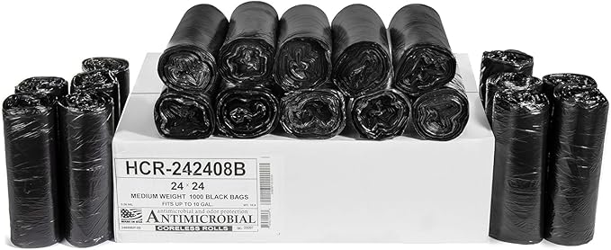 Aluf Plastics High Density Trash Bags, 10 Gallon, 1000 Count, 8 Micron (eq), 24" x 24", Black, for Bathroom, Office, Industrial, Commercial, Janitorial, Municipal, Recycling