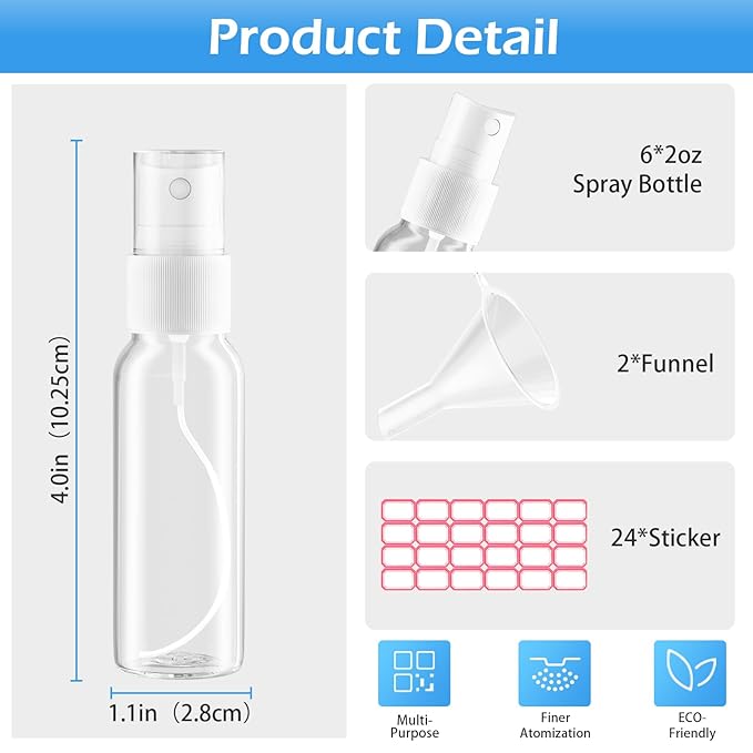 Spray Bottles, 1oz/30ml Clear Empty Fine Mist Plastic Mini Travel Bottle Set, Small Refillable Liquid Containers with 2pcs Funnels and 24pcs Labels (6 Pack)