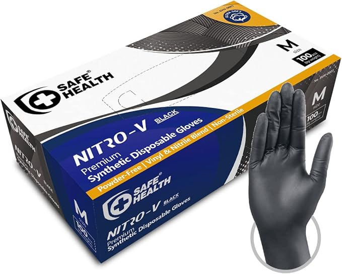 Safe Health NITRO-V Nitile-Vinyl Synthetic Dispoable Gloves, Free of Latex & Powder, Wisteria, Black, Housework, Tattoo