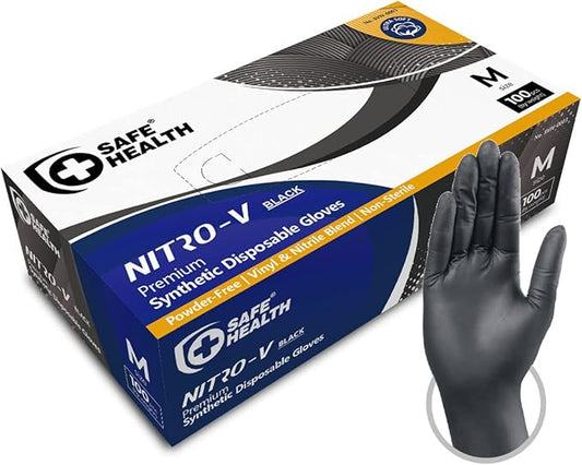 Safe Health NITRO-V Nitile-Vinyl Synthetic Dispoable Gloves, Free of Latex & Powder, Wisteria, Black, Housework, Tattoo