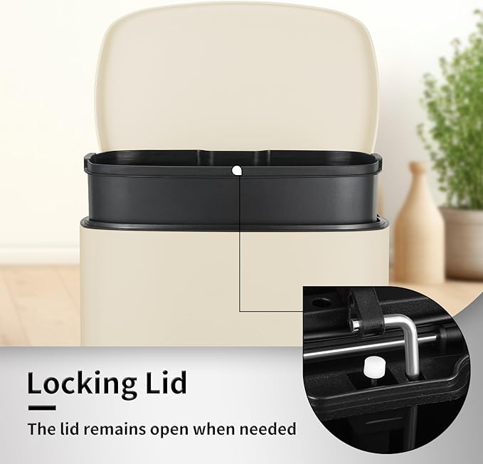 13.2+1.3 Gallon Trash Can Combo Set, Stainless Steel Garbage Bin with Pedal, Removable Inner Waste Bucket, Anti-Fingerprint, Soft-Close Locking Lid Dustbin for Kitchen, Bathroom, Office