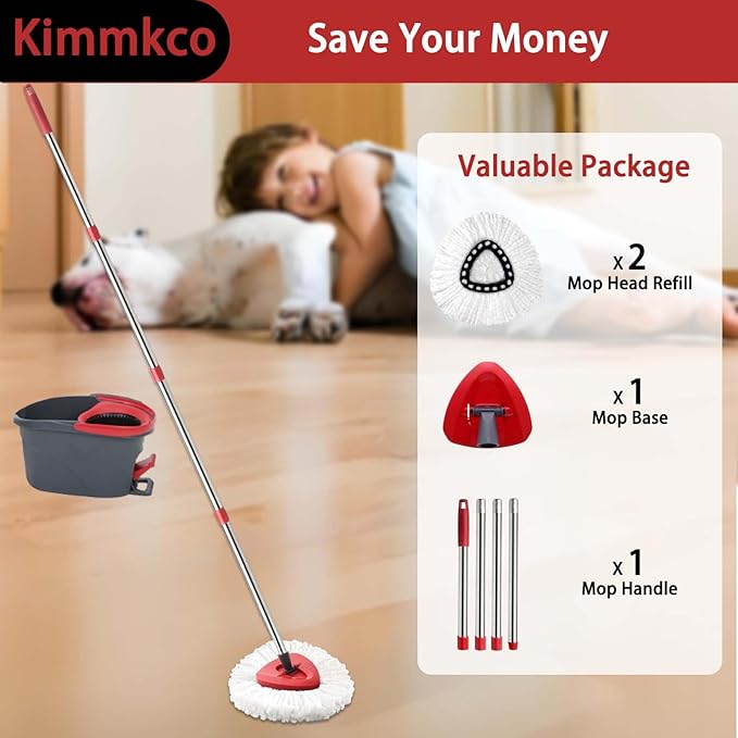 Spin Mop Head, Base, Mop Handle Replacement for O Cedar EasyWring 1 Tank System Microfiber Spin Mops, 2 Microfiber Mop Refills, 1 Triangle Head Cover and 30-58in Handle Set Combo