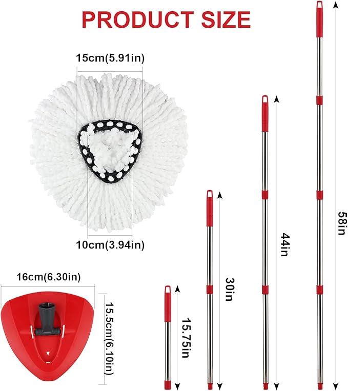 Spin Mop Handle,Head,Base Replacement Compatible with O-Cedar Easywring Microfiber Spin Mop - Replace 30-58in Stick/Pole+5Head Refill+1Base for Ocedar/O Cedar Easy Wring Spinning Mop Only 1Tank System