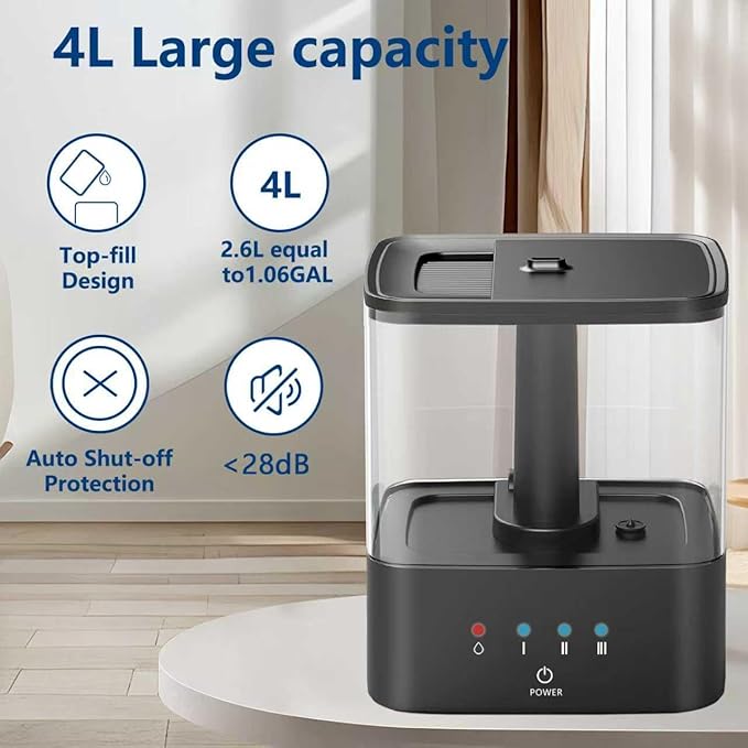 KZF 4L Top-Fill Cool Mist Humidifier – Whisper-Quiet, Up to 30 Hrs Runtime, Auto Shut-Off, Ideal for Bedroom, Baby Nursery & Plants
