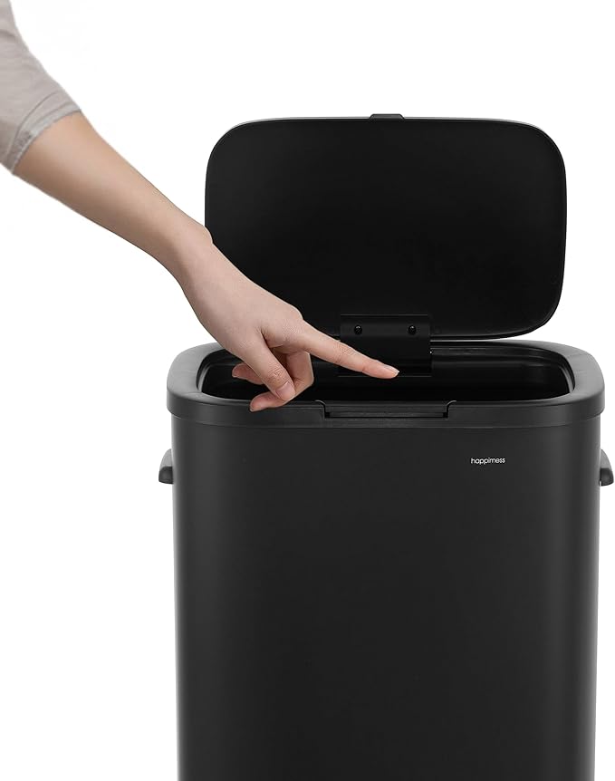 happimess HPM1017B Tammi Kitchen 14.5-Gallon Slim Metal Push Button Trash Can, Fingerprint Resistant, Modern, Minimalistic for Home, Kitchen, Laundry Room, Office, Bedroom, Bathroom, Charcoal Black