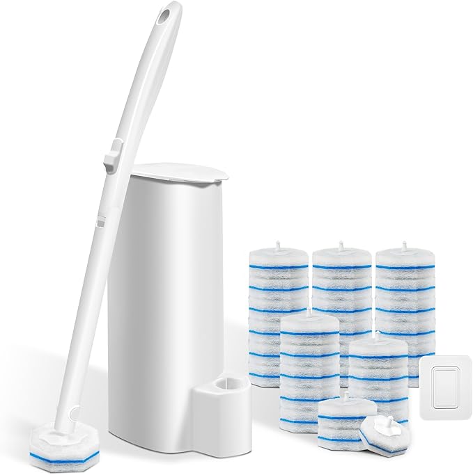 Disposable Toilet Brush with 30 Brush Heads, 3-in-1 Toilet Cleaning System Set-1 Ergonomic Toliet Wand, 1 Compact Holder, 30 Pre-Filled Cleaning Solution Refills for Deep Scrub Toilet. 1 Pack.