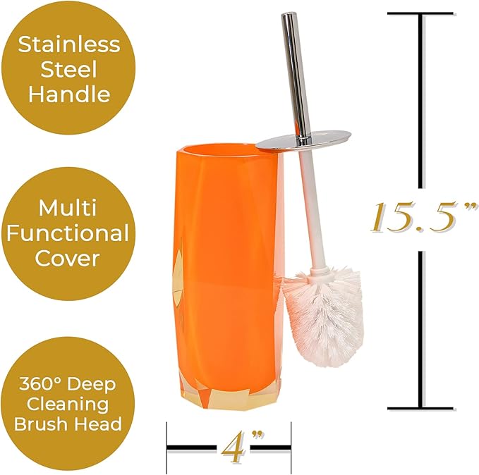 Faceted Toilet Brush, Durable Resin, Discreet Design, Stainless Steel Handle, for Stylish Bathroom Decor, Orange, 4x16, Sold Individually