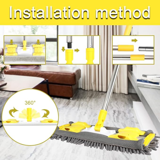 Flat Dust Mop for Floor Cleaning with Microfiber & Chenille Washable Pads and 1 Dirt Removal Scrubber,Wet&Dry Floor Mop with Adjustable Long Handle for Home,Hardwood,Laminate,Tile,Marble