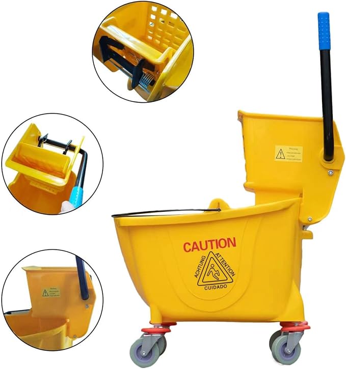 Matthew Cleaning 34 Quart Commercial Mop Bucket INCL.Wet String Mop with Side Press Wringer On Wheels,Heavy Duty Tandem Portable Floor Cleaning Wavebrake,Ideal for Household,Industrial,Restaurant