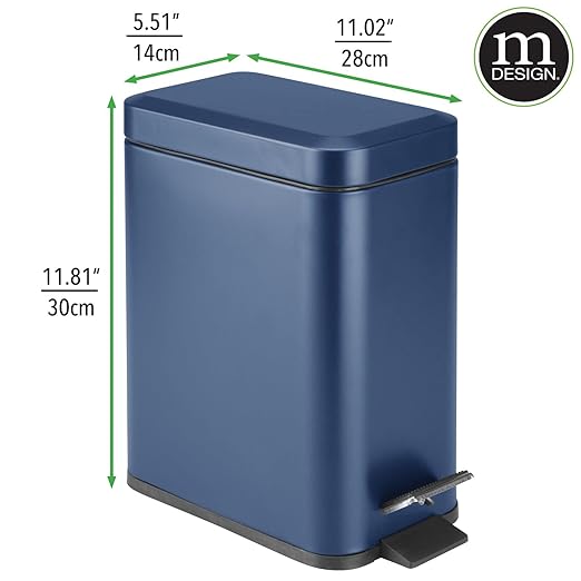 mDesign Small Modern 1.3 Gallon Rectangle Metal Lidded Step Trash Can, Compact Garbage Bin with Removable Liner Bucket and Handle for Bathroom, Kitchen, Craft Room, Office, Garage - Navy Blue