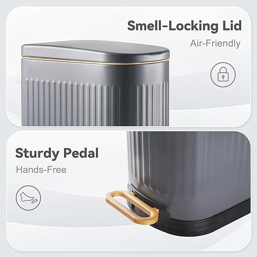 Slim Bathroom Trash Can with Soft Close Lid Stainless Steel Garbage Can Step Trash Bin with Removable Inner Bucket for Bedroom, Office, Kitchen (Matt Grey, 3.5 Gallons)