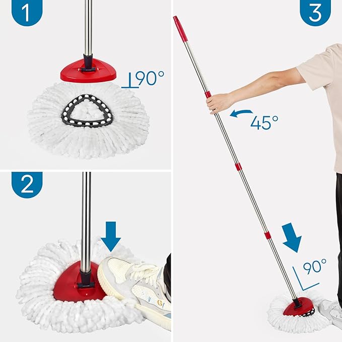 Matthew Spin Mop Replace Head Kit,Base,Handle Compatible with EasyWring Microfiber Spin Mop,2 Mop Refills Replacement Heads,30-58in Mop Handle and 1 Mop Base Combo Set White (1-Tank System)