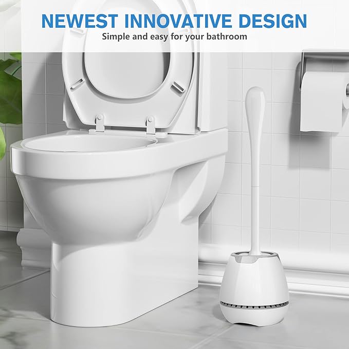 Toilet Brush and Holder, Toilet Bowl Brush with Ventilated Holder and Ergonomic Long Handle, Durable Bristles Toilet Scrubber Set for Bathroom Cleaning