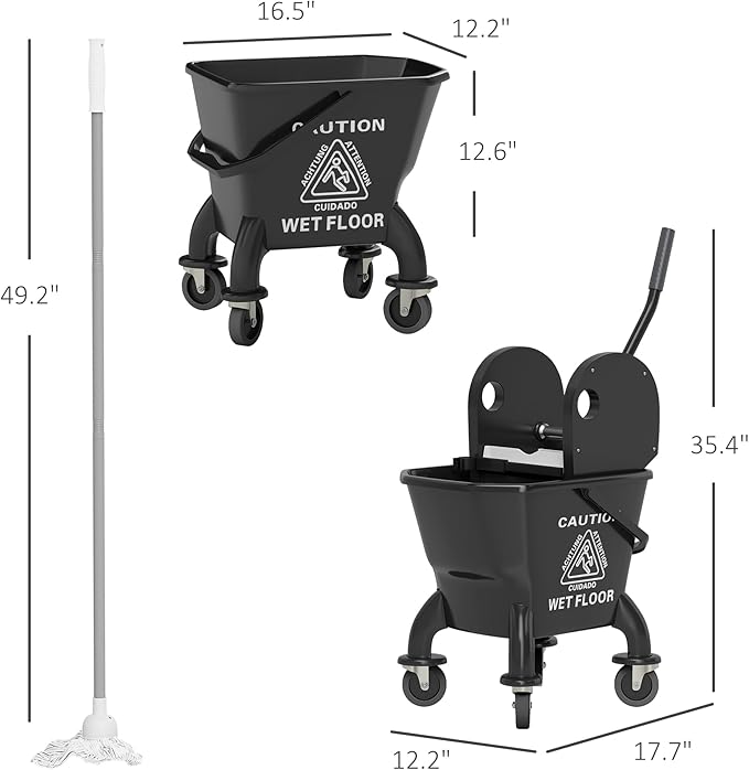 HOMCOM Mop Bucket with Wringer on Wheels for Floor Cleaning, 27.5 Quart Down Press Wringer with Handle and Mop, Black