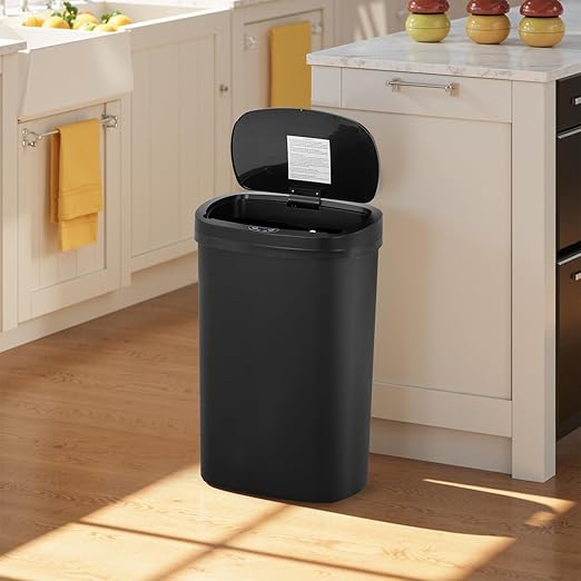 BestOffice | 13 Gallon Plastic Trash Can with Lid | Dark Black | Automatic Touchless Garbage Can | Odor Control | Modern Oval Design | Easy to Clean | Fits Any Kitchen, Bathroom, Office or Home