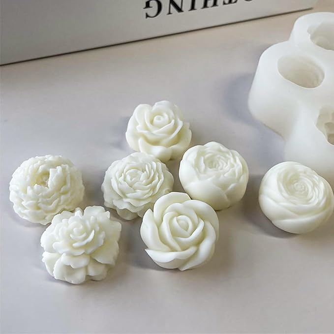 Wehous Flower Molds Silicone, 7 Cavity Rose Peony Fondant Mold for Jelly Chocolate Cake Decorating, 3D Candle Soap Silicone Mold Floral Epoxy Resin Casting Clay Mould Handmade Art Craft Accessories