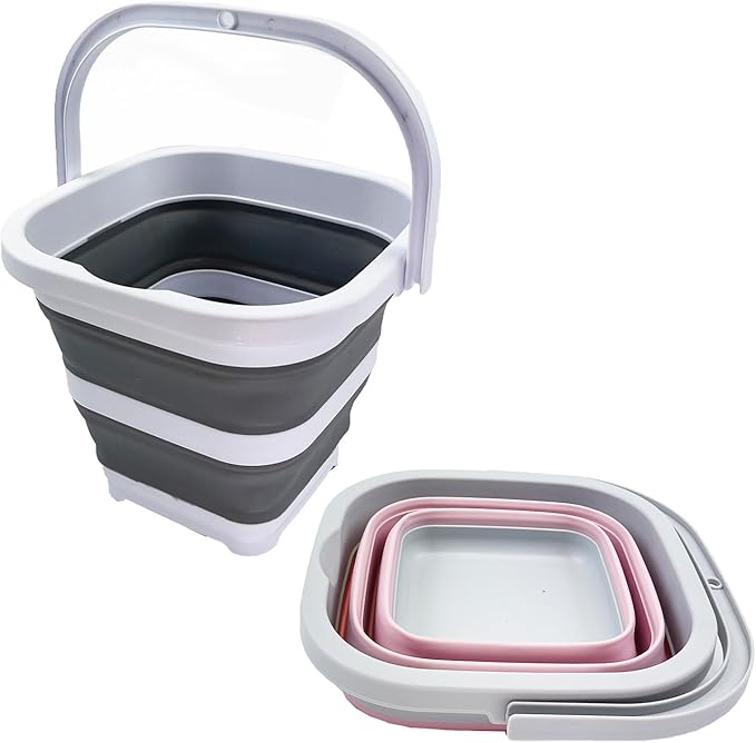 SAMMART Collapsible Rectangular Cleaning Bucket 5L (1.3 Gallon)- Foldable Camping Beach Sand Water Pot Pail- Portable Space Saving Tub for Household, Outdoor Car Washing (Grey + Pale Pink (Set of 2))