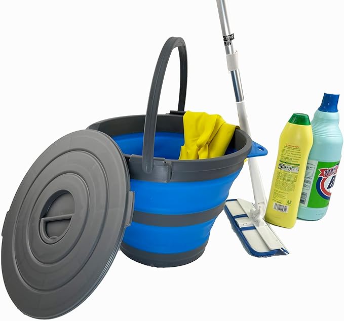 SAMMART 10L (2.64Gallon) Collapsible Fishing Bucket with Locking Lid - Portable Plastic Water Pail - Space Saving Outdoor Waterpot - Trunk Organizer for All Types of Vehicles (Grey/Blue)