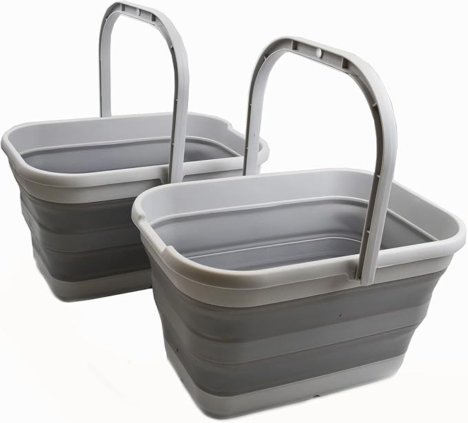 SAMMART 12L (3.1 Gallon) Collapsible Rectangular Handy Bucket/Multiuse Foldable Water Pail for Camping, Fishing (Grey (Set of 2))