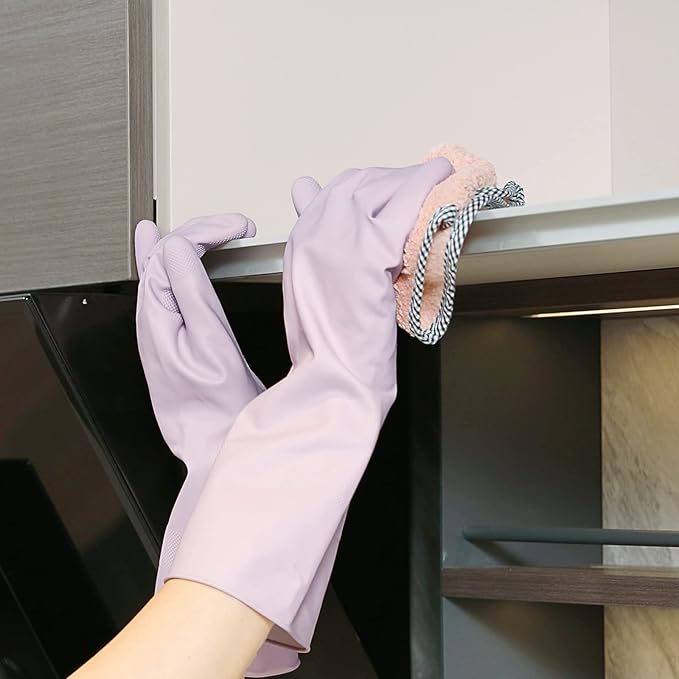 COOLJOB Small Household Rubber Gloves with Cotton Liner & Non-slip Grip, Waterproof Long Lasting Dishwashing Gloves for Kitchen & Bathroom Cleaning, Purple, 1 Pair