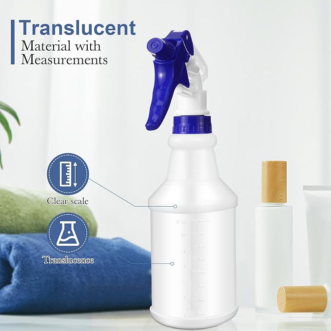 Zubebe 24 Pack 32 oz Plastic Spray Bottle Bulk Empty Leakproof Heavy Duty Spray Bottles for Cleaning Supplies Mist Bottles with Label and Adjustable Nozzle for Plant (Blue,Clear Scale)