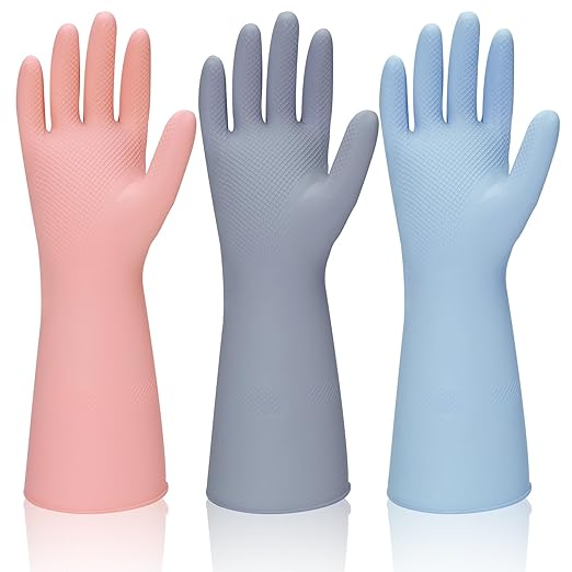 Rubber Kitchen Dishwashing Gloves - 3 Pairs Reusable Household Cleaning Gloves, Flexible and Durable & Non-slip Cleaning Gloves, Great for Kitchen, Bathroom, Laundry (Large, Pink+Blue+Grey)