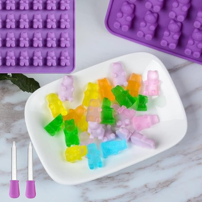 2 Piece Gummy Bear Silicone Molds, Non-Stick Chocolate Candy Mold with 2 Droppers Food Grade (Purple)