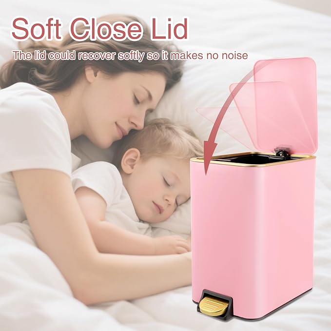 Small Bathroom Trash Can with Lid Soft Close, 1.8 Gallon Stainless Steel Garbage Can with Removable Inner Bucket,80Count Trash Bags, Slim Step Pedal Trash Bins