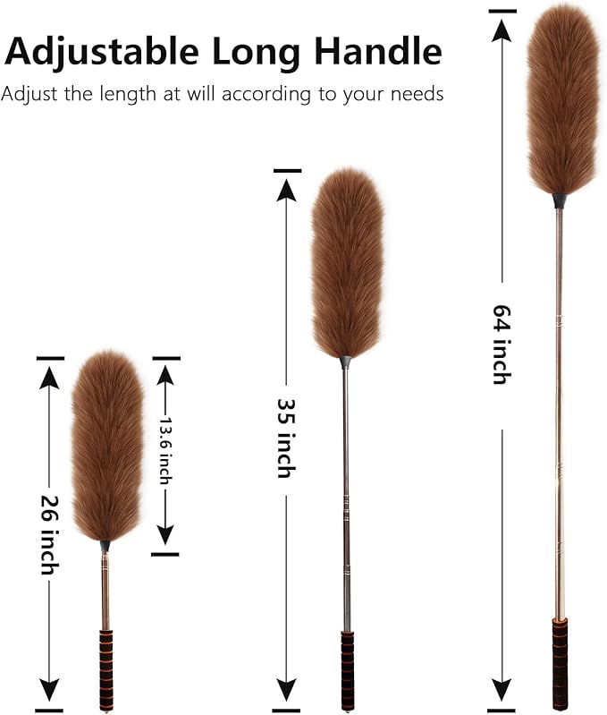 Lambs Wool Extendable Household Cleaning Duster 64" Wall Duster Cleaner with Stainless Steel Long Handle and Extension Pole for Cleaning High Ceiling Fan Interior Roof, Brown
