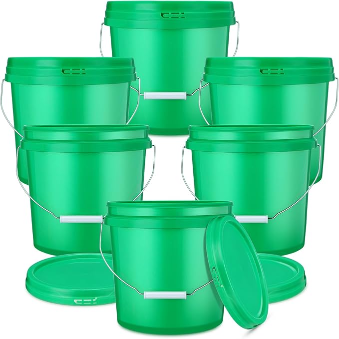 6 Pack 2 Gallon Plastic Bucket with Lid Heavy Duty Pail with Metal Handle Reusable Small Multipurpose Paint Buckets Container for Food Storage(Green)