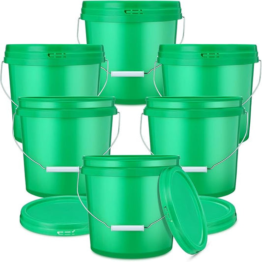 6 Pack 2 Gallon Plastic Bucket with Lid Heavy Duty Pail with Metal Handle Reusable Small Multipurpose Paint Buckets Container for Food Storage(Green)