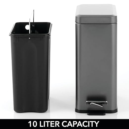 mDesign Pedal Bin — Waste Bin with Pedal, Lid and Plastic Bucket Insert for Bathroom, Kitchen, and Office — Metal Household Rubbish Bin with Ergonomic Design — Dark Grey
