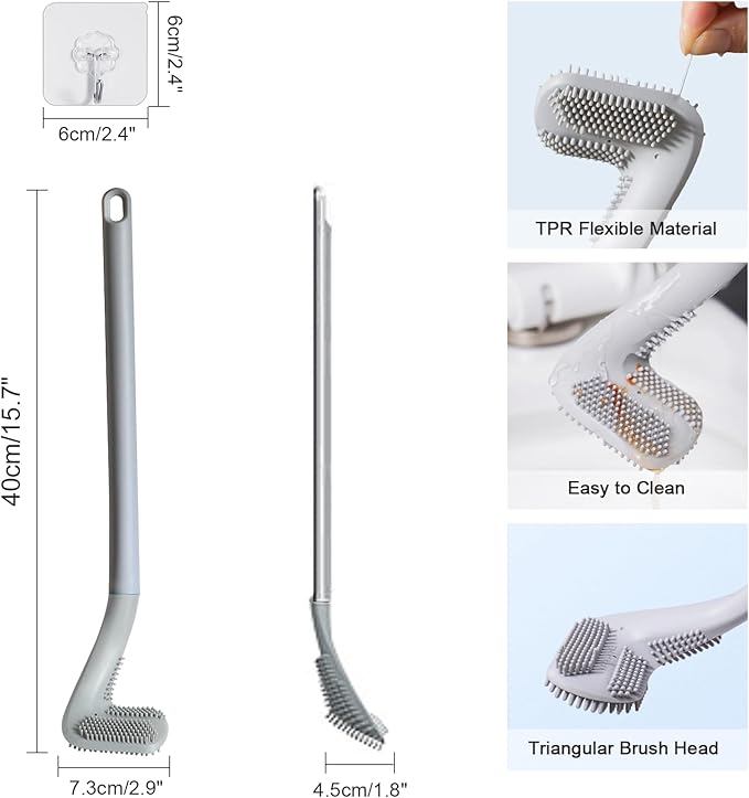Golf Toilet Brush, Toilet Cleaning Brush, Flexible Bendable Silicone Long Handled Toilet Brush, 360° Deep Toilet Bowl Cleaning Brush,Quick Drying Toilet Brush for Bathroom with a Hook (Gray)