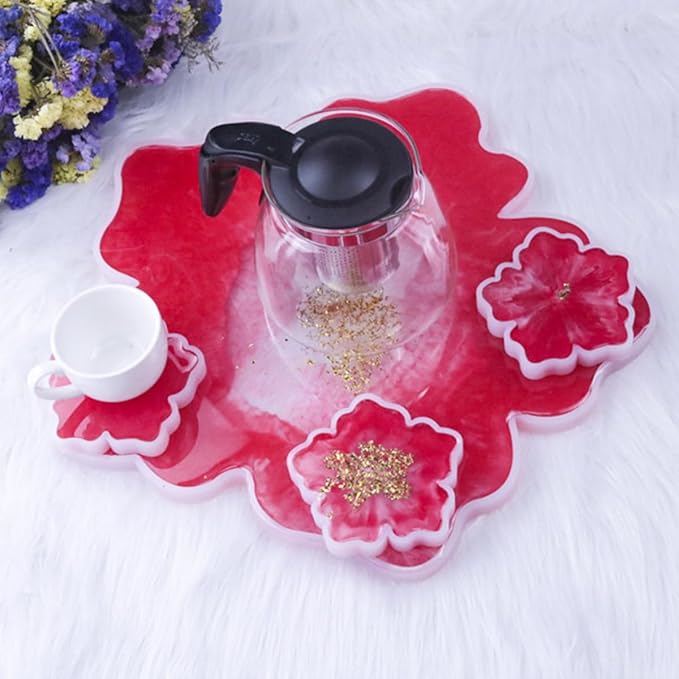 6 PCS Flower Silicone Resin Molds Large Resin Tray Mold Flower Shape Coaster Molds Flowers Shape Epoxy Casting Mold Cherry Blossom DIY Coaster Mould for Home Decoration