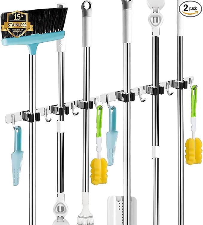 2 Pack 3 Racks and 4 Hooks Broom and Mop Holder Wall Mounted Garage Organizer Storage Tool Racks Stainless Steel Heavy Duty Hooks Self Adhesive Solid Non-slip Wall Hangers for Home Kitchen Garden