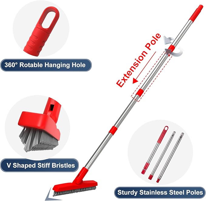 ITTAHO 2 Pack Grout Brush with Long Handle, Swivel Cleaning Grout Line Scrubber - Extendable Durable Handle Grout Cleaner Brush for Bathroom,Tile,Baseboard,Walk in Shower,Corner & Narrow Space (Red)