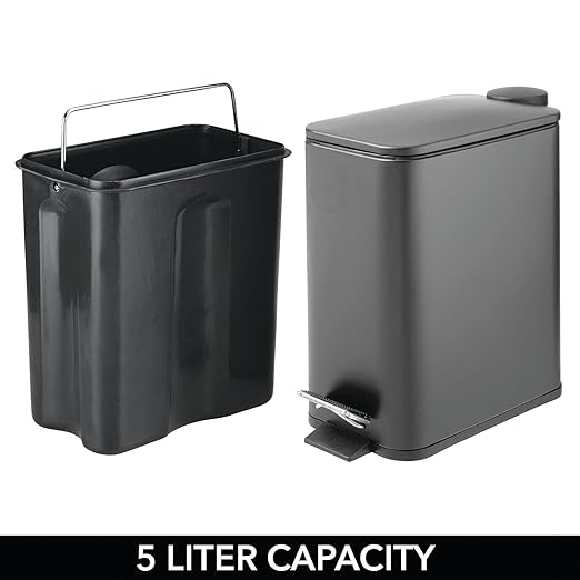 mDesign Rectangular Pedal Bin – 5 L Metal Waste Bin with Pedal, Lid and Plastic Bucket Insert – Household Rubbish Bin for Bathroom, Kitchen and Office – Dark Grey