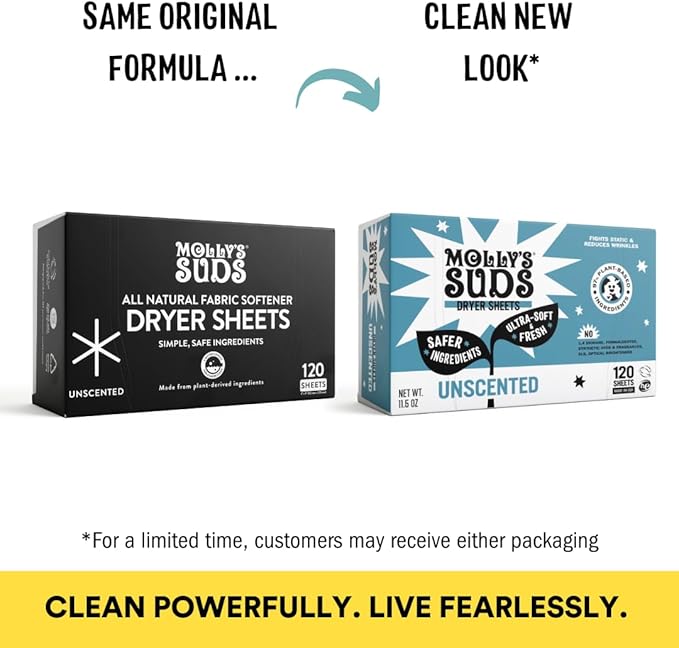 Molly's Suds Fabric Softener Dryer Sheets for Sensitive Skin | Plant-Based Static Reducer, Plastic-Free Packaging | Bundle of 2, Unscented (240 Sheets Total)