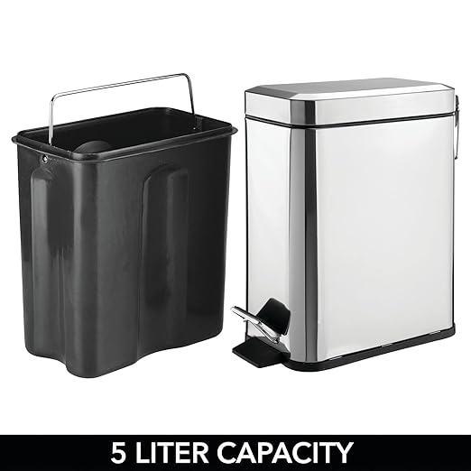 mDesign Small Modern 1.3 Gallon Rectangle Metal Lidded Step Trash Can, Compact Garbage Bin with Removable Liner Bucket and Handle for Bathroom, Kitchen, Craft Room, Office, Garage - Chrome