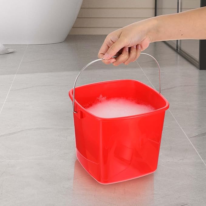 6 Pcs 3 Quart Plastic Cleaning Bucket, Small Square Detergent Pail with Handles, Utility Bucket for Home, Office, Kitchen, School, Commercial Use,（Red）