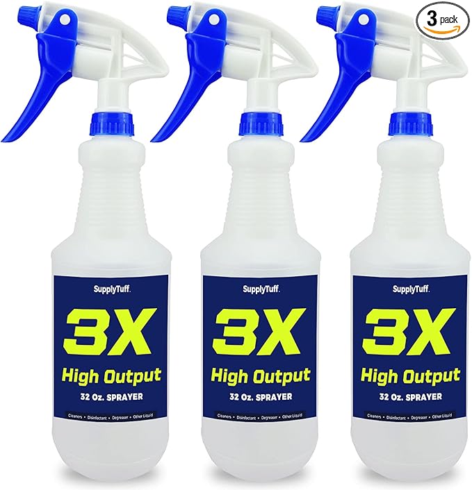 3X High Output Heavy Duty Spray Bottles for Cleaning Solutions, 3 Pack, 32 oz Professional Industrial Spray Bottles for Commercial, Household Cleaning and Car Detailing.