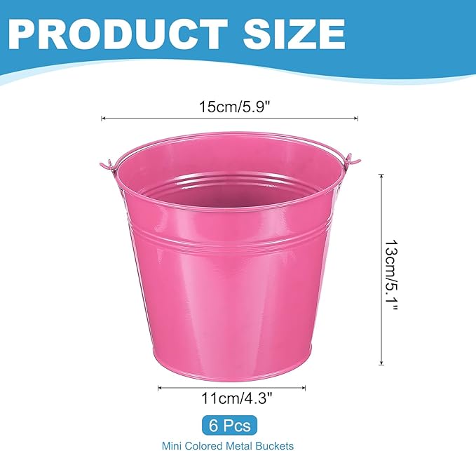 PATIKIL 5.9"x5.1" Small Metal Buckets with Handle, 6 Pcs Mini Galvanized Bucket Colorful Easter Buckets for Crafts Party Favors Decoration, Rose Red
