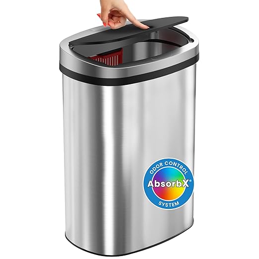 iTouchless Push-Top Lid 13 Gallon Trash Can with Odor Control System – Stainless Steel Garbage Bin, Press-Top, Soft-Close Spring Lid, Fingerprint-Resistant for Kitchen, Bathroom, Home Office, Restroom