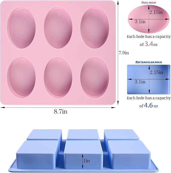 Sakolla 2 Pack 6 Cavity Silicone Soap Molds Rectangle Oval Silicone Molds Loaf Handmade Molds for Soap Making Supplies DIY Pudding Cake Chocolate Cornbread Biscuit Jelly