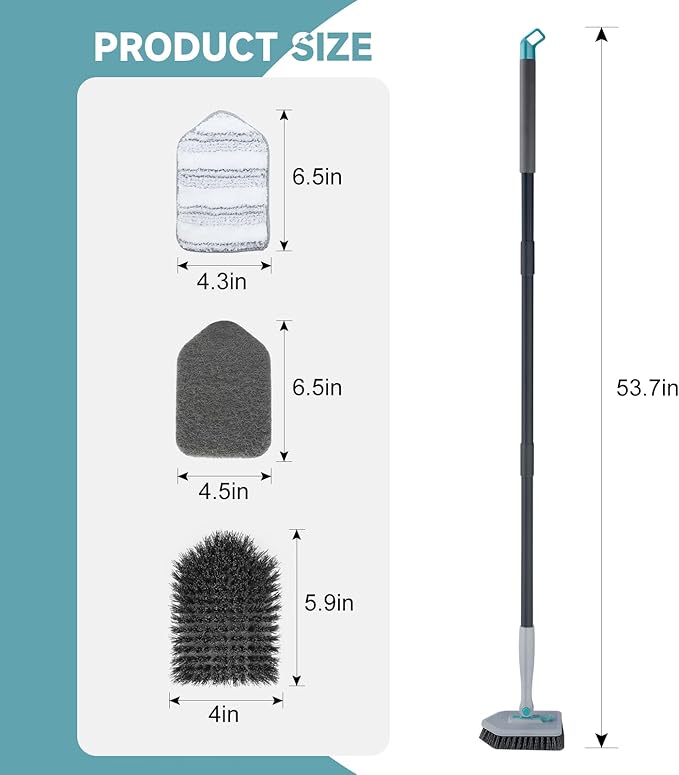 nacena Shower Scrubber with Long Handle, 3 in 1 Tile Tub Scrubber Brush with 3 Detachable Cleaning Heads Adjustable Handle Shower Cleaner Brush for Bathroom, Kitchen, Toilet, Wall, Sink, Black Grey