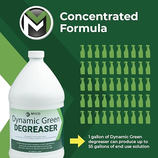 Myco Dynamic Green Degreaser 1 Gal – Biodegradable Heavy-Duty Cleaner & Concentrate, pH 12.4, VOC-Free, Makes 55 Gal, Commercial & Residential Multi-Surface Use: Kitchen, Equipment, Fire Restoration